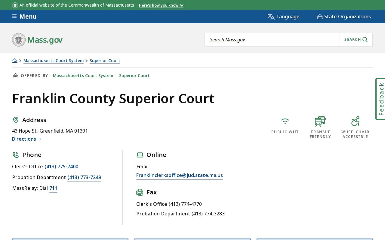 Franklin County Superior Court clerk contact block at the Greenfield courthouse complex