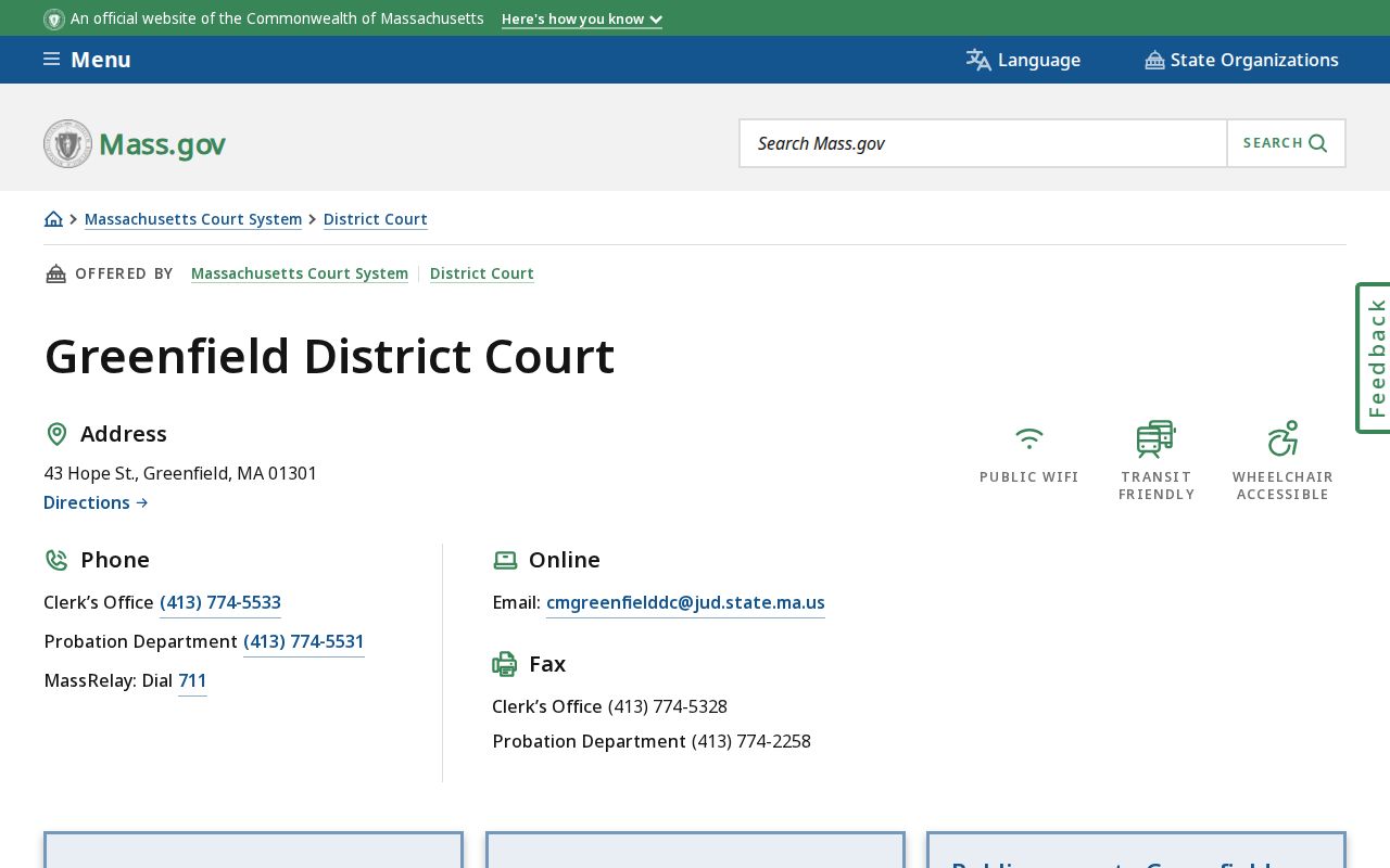 Greenfield District Court address and clerk contact block for Franklin County warrant records