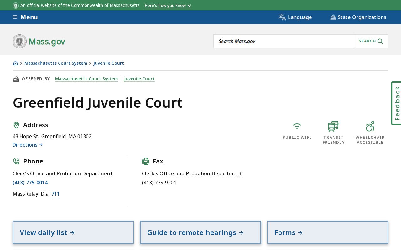 Greenfield Juvenile Court contact and access block at the courthouse complex for Franklin County warrant records