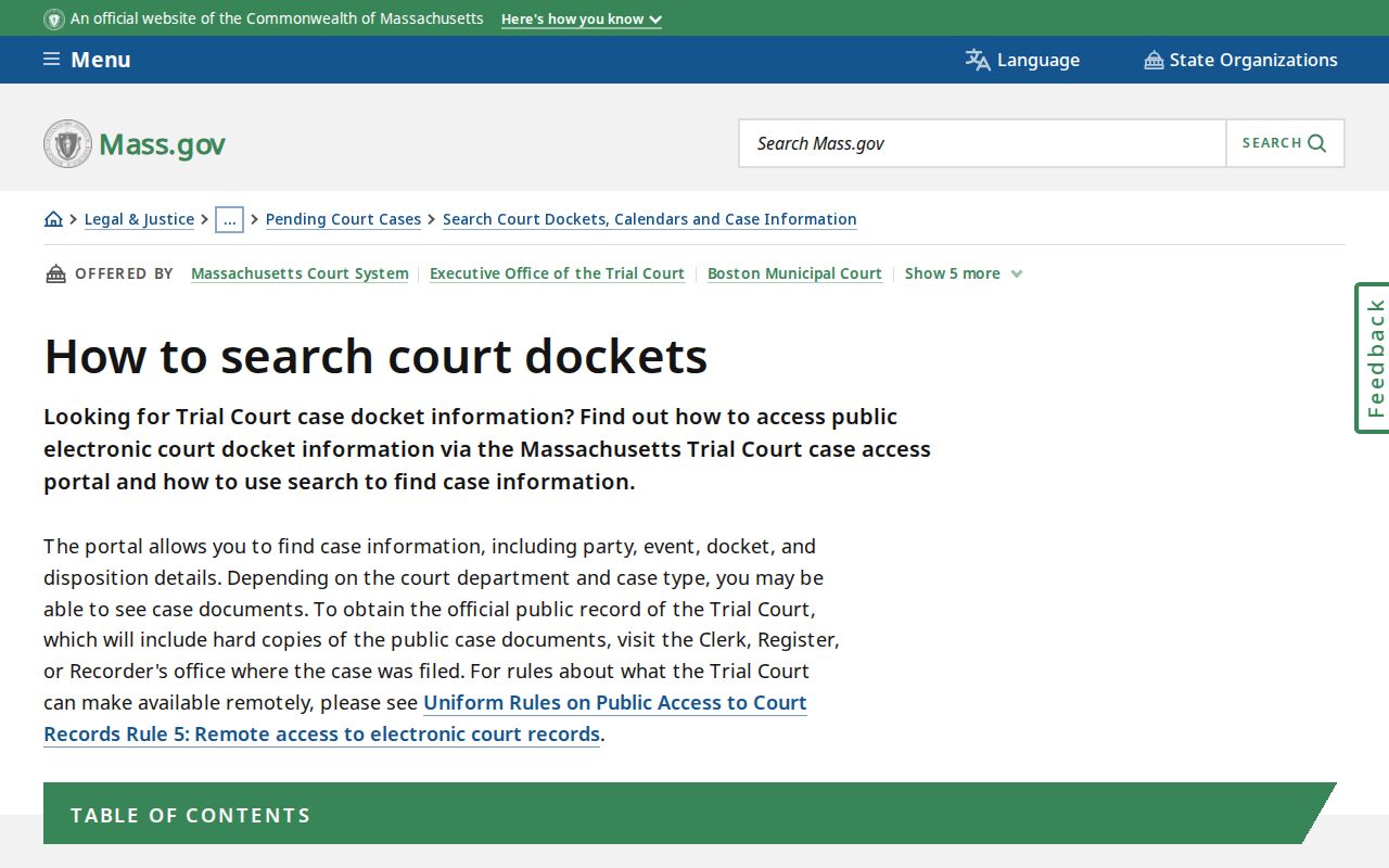 MassCourts department and location controls for Franklin County warrant records