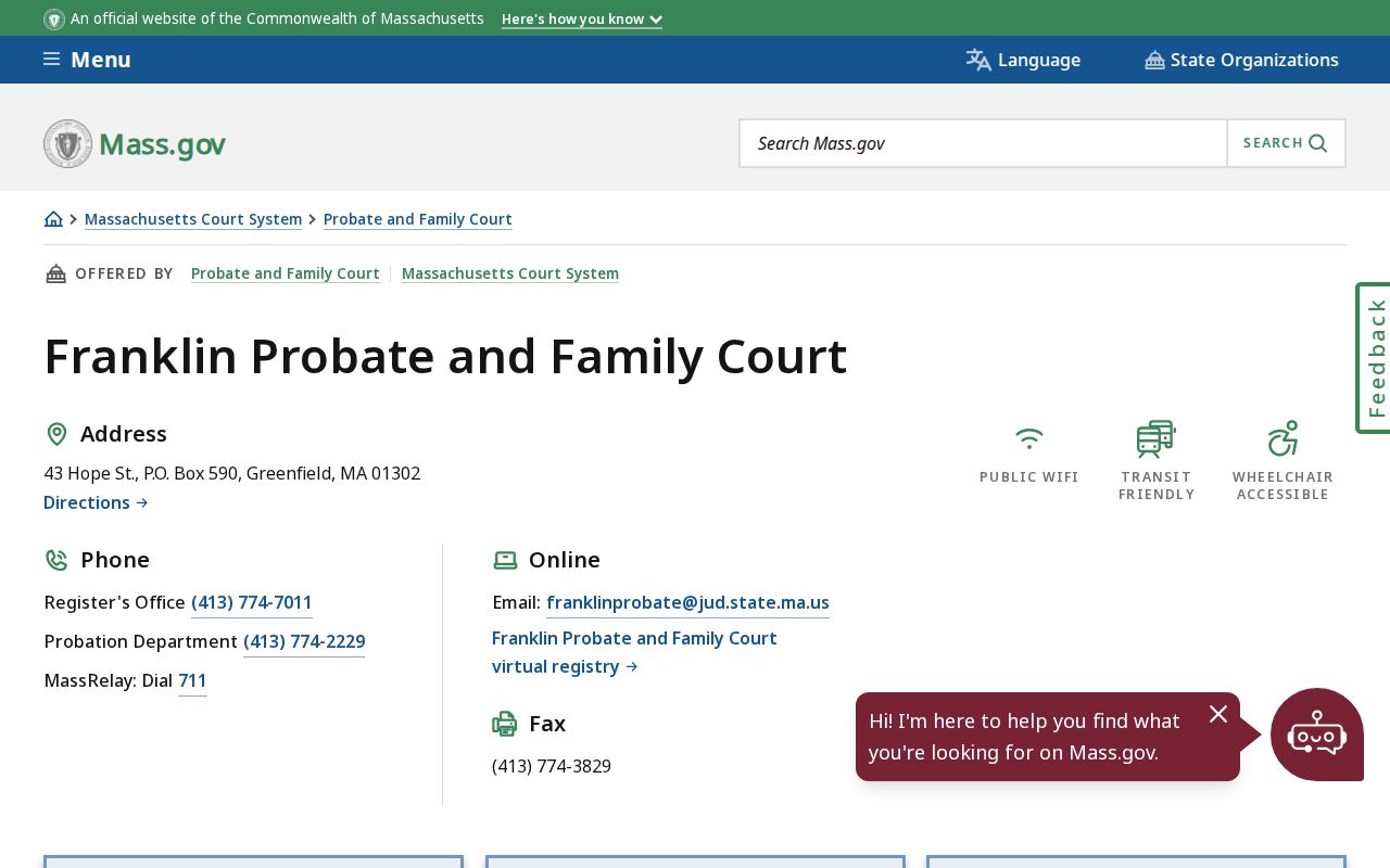 Franklin Probate and Family Court registry information at the Greenfield courthouse for warrant records