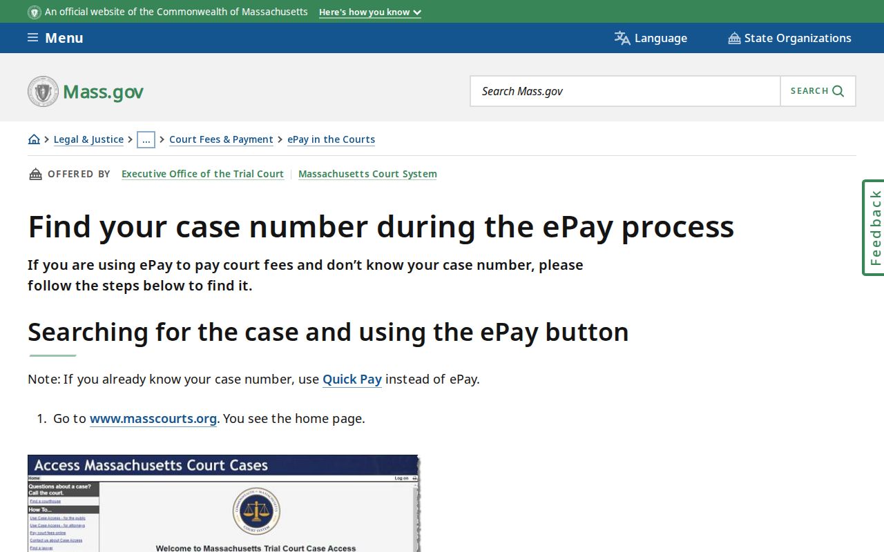State payment case type search used to find a Franklin County traffic warrant case number