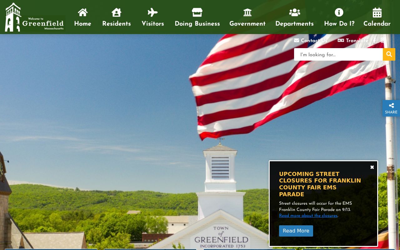 Greenfield City Hall page with city links and public records access for Franklin County warrant questions