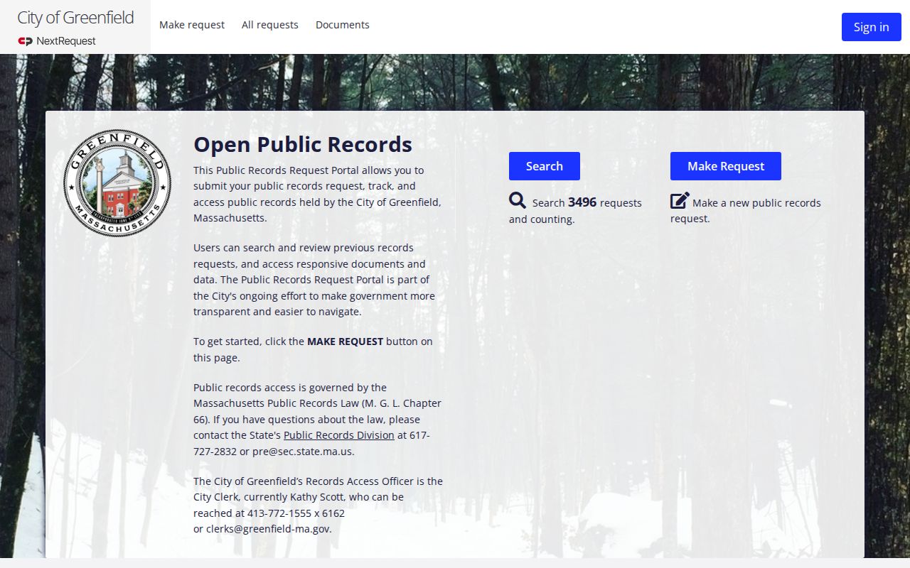Greenfield public records portal landing page for Franklin County municipal warrant records