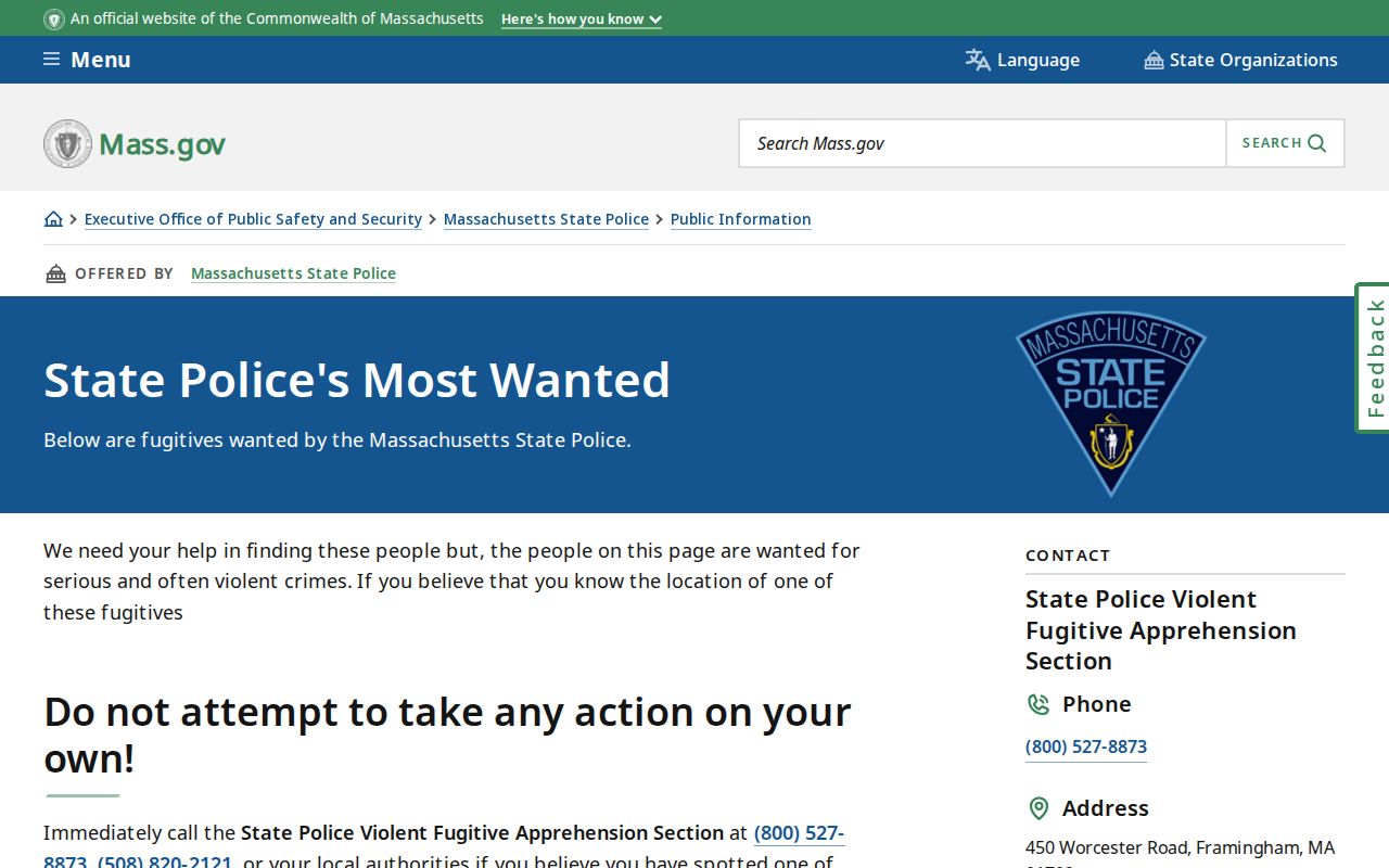 Massachusetts State Police fugitive program page for statewide warrants affecting Franklin County