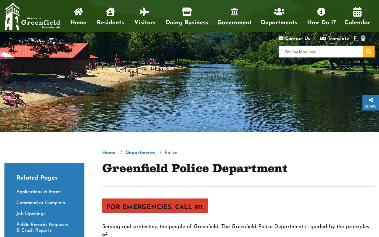 Greenfield police station records and divisions contact page for Franklin County arrest warrant questions