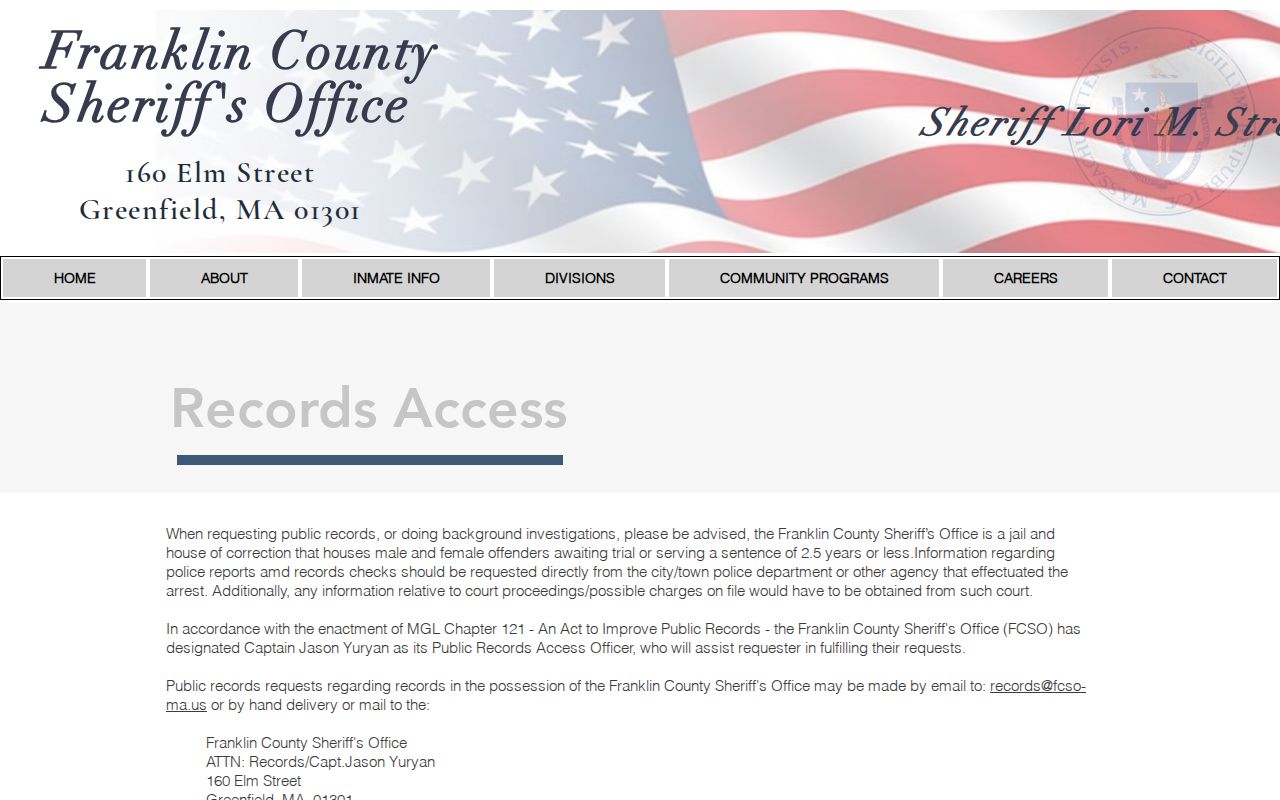 Franklin County Sheriff records access page listing request channels for warrant records